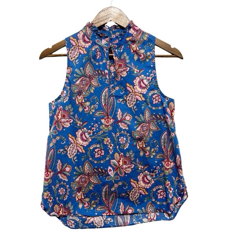 J Crew Blouse Womens S 2 Blue Floral Liberty Fabric Flora Belle Ruffle Neck Top